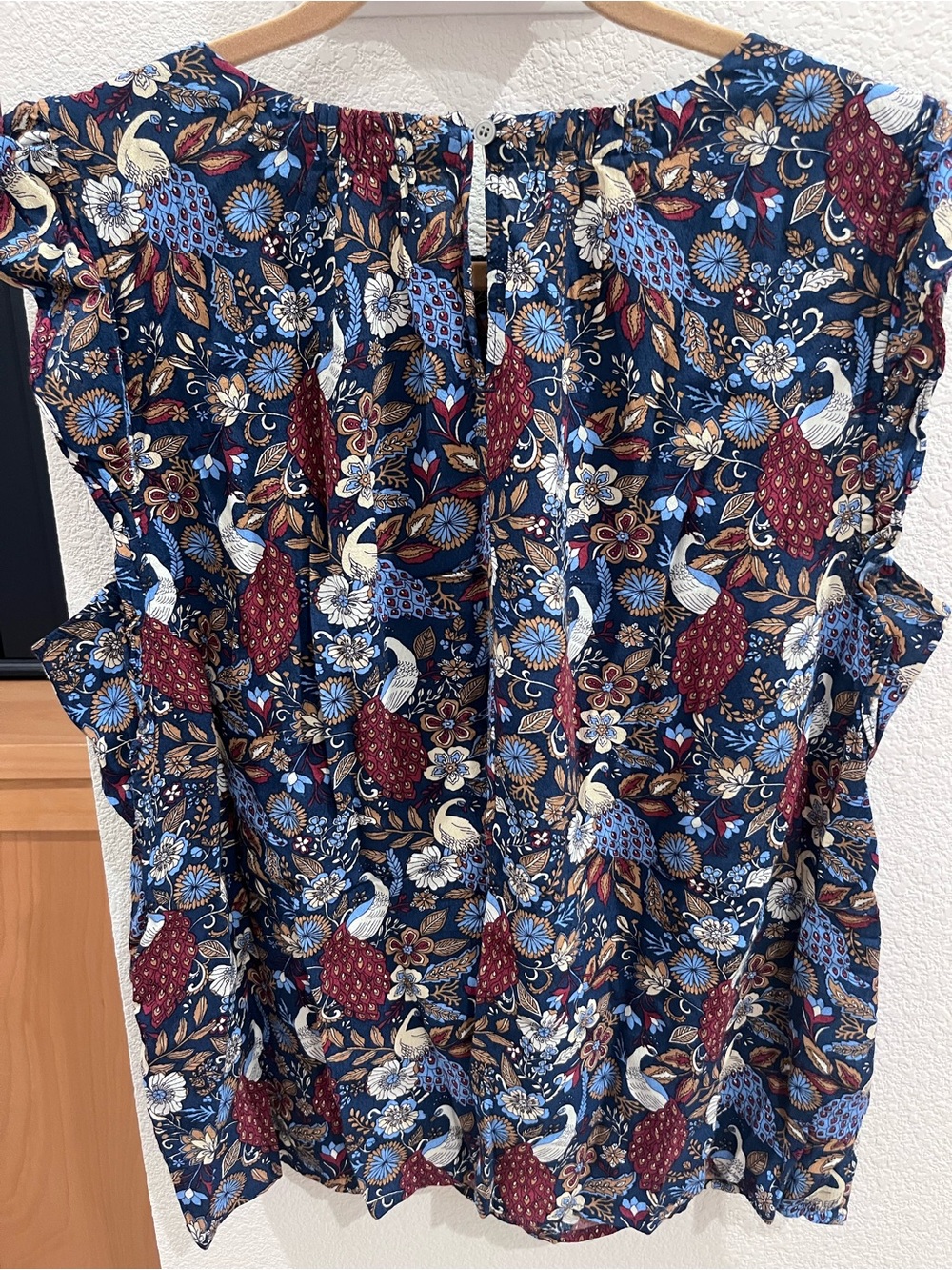 LOFT Navy Floral & Peacock Print Top with Burgundy and Cream Accents XL - Picture 2 of 2